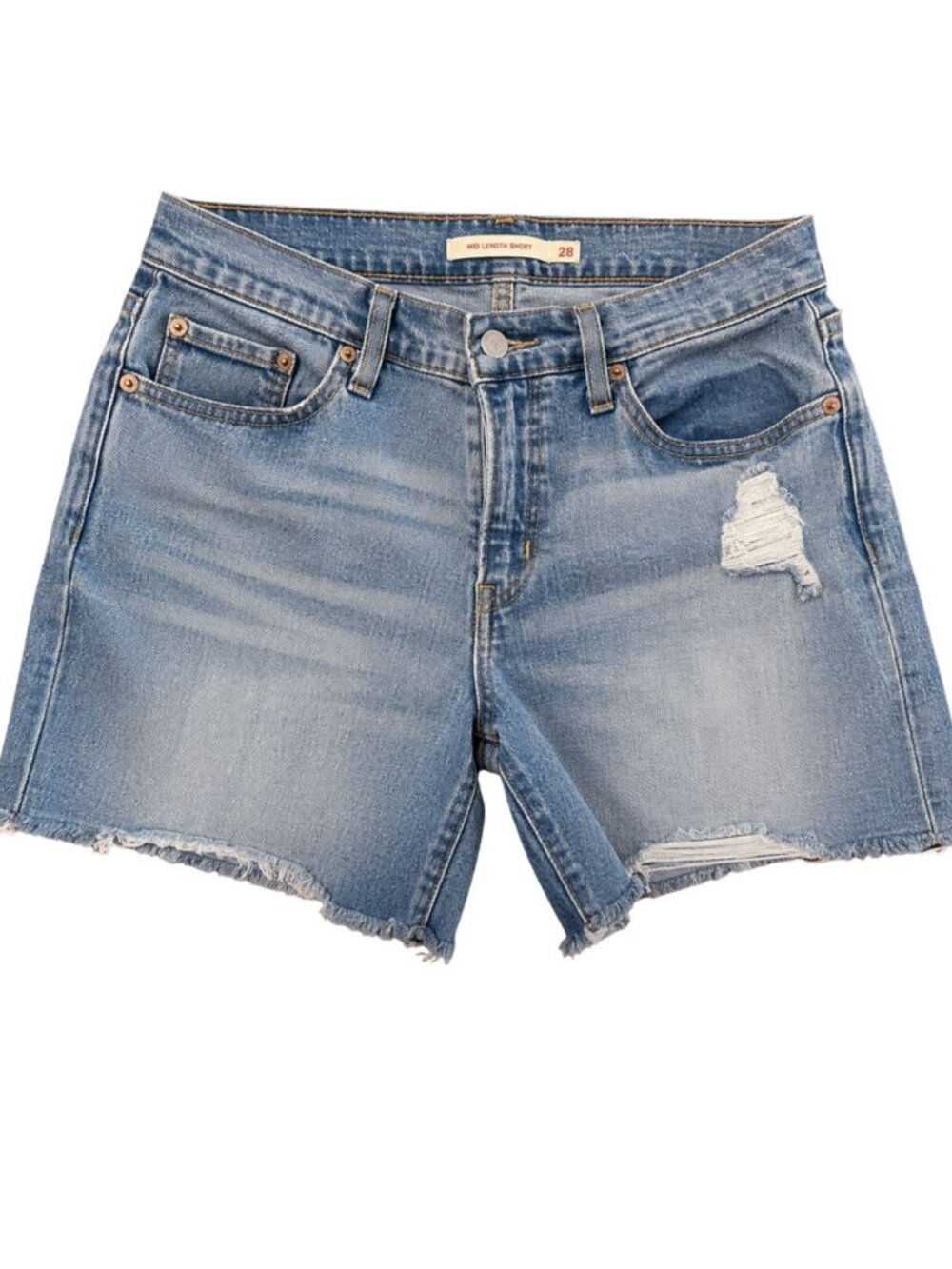Levi's 28 Light Wash Mid Length Denim Shorts Distressed Raw Hem Cutoff Jean